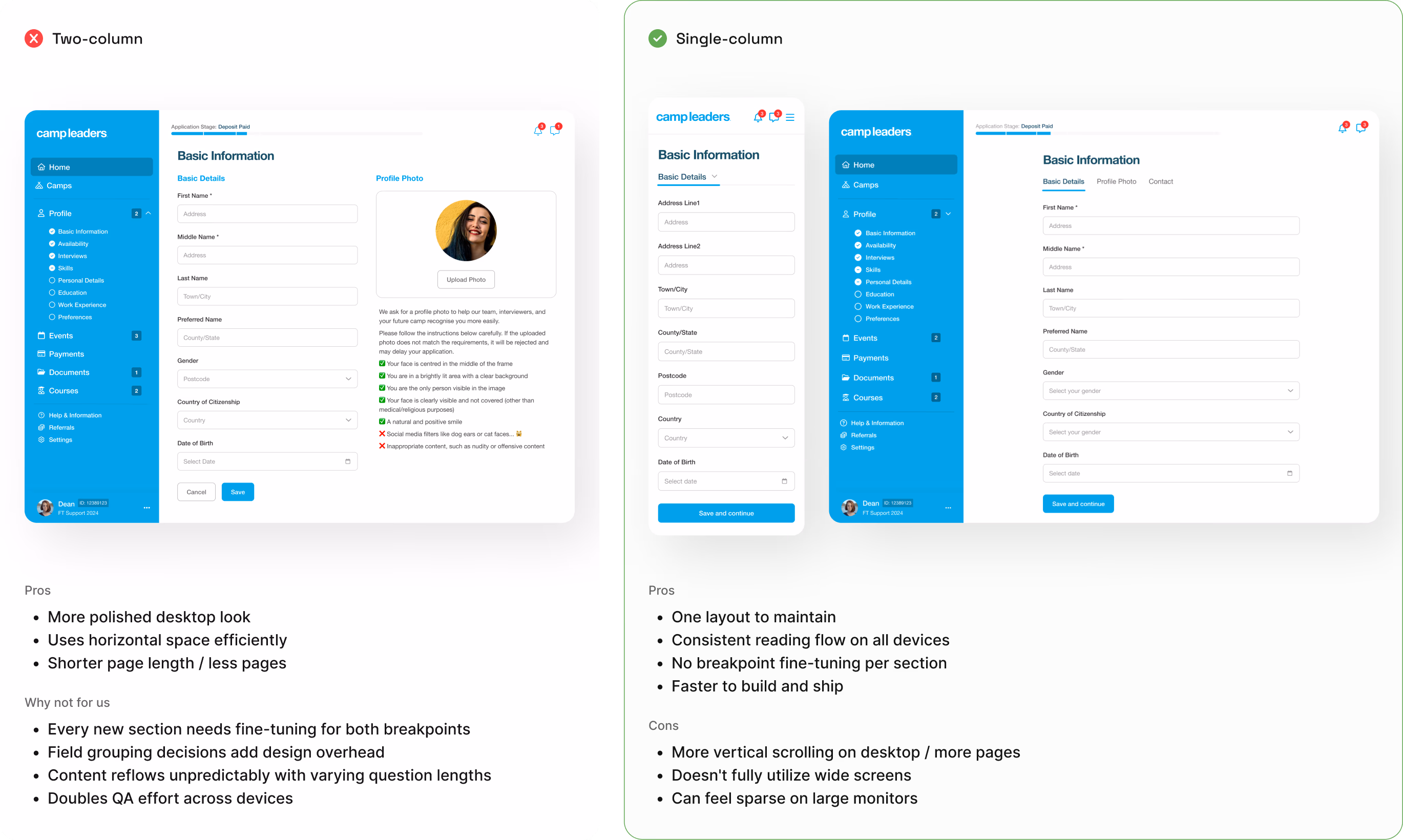 Mobile-first single-column layout comparison