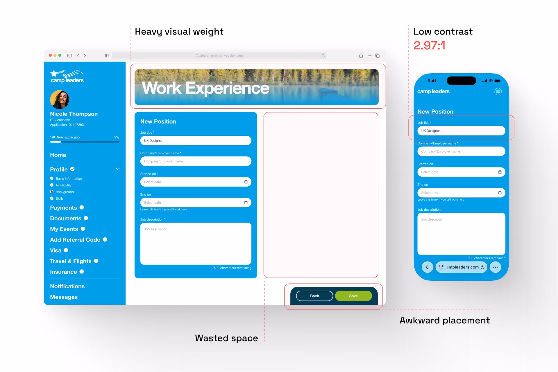 The old application form with visual issues highlighted
